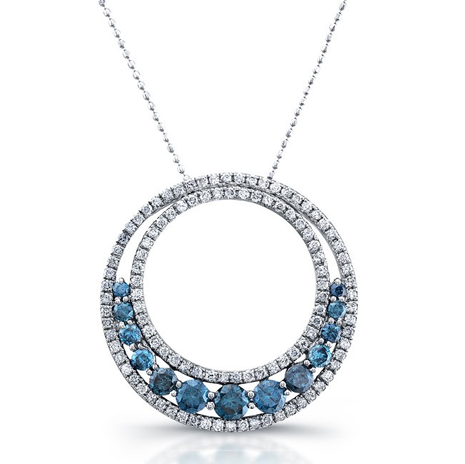 14k White Gold Treated Blue Diamond Halo Double Circle Pendant
