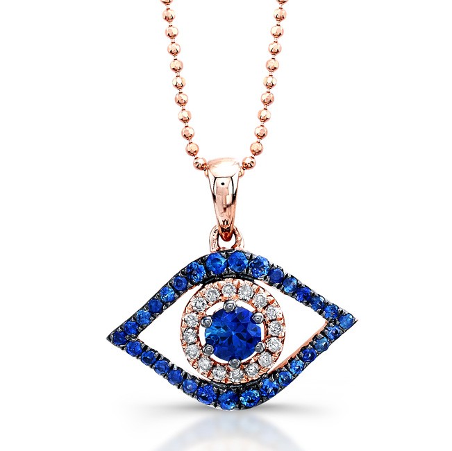 14k Black and Rose Gold Evil Eye Pendent with White Diamonds and Sapphire Center