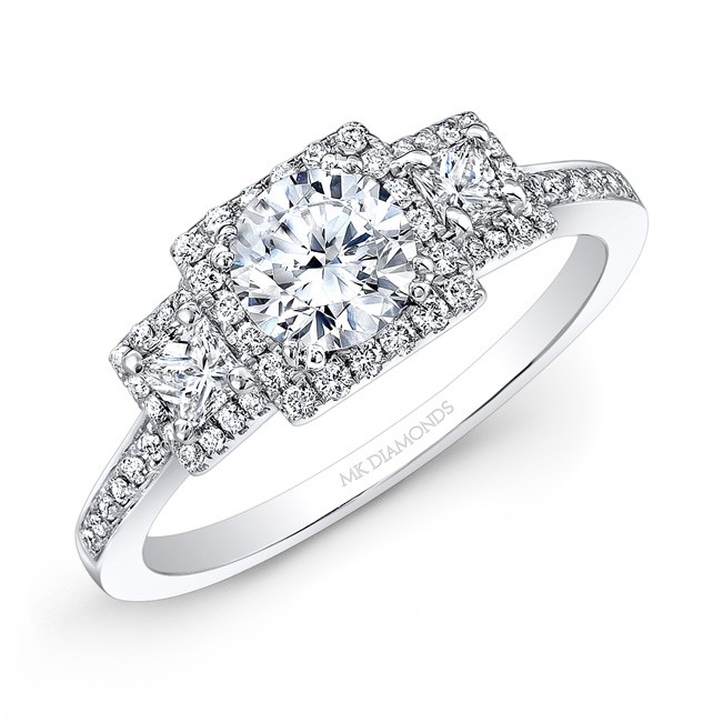14k White Gold White Diamond Square Halo Diamond Side Stone Engagement Ring 