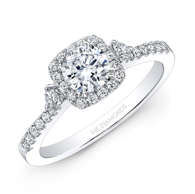 14k White Gold White Diamond Cushion Halo Engagement Ring 