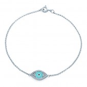 14k White Gold Diamond Encrusted Light Blue Enamel Evil Eye Bracelet