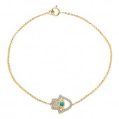 14k Yellow Gold Diamond Turquoise Hamsa Chain Bracelet