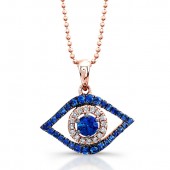 14k Black and Rose Gold Evil Eye Pendent with White Diamonds and Sapphire Center