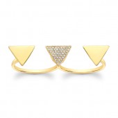 14k Yellow Gold White Diamond Triangle Two Finger Ring 