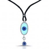 14k White Gold Light Blue Enamel and Diamond Evil Eye Necklace