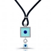 14k White Gold Light Blue Enamel Diamond Square Evil Eye Necklace