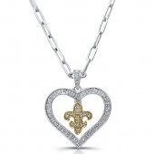 14k Yellow Gold and Sterling Silver Heart Pendant with Fleur de Lys