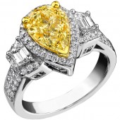 14k White Gold Pear Shaped Fancy Yellow Halo Diamond Three Stone Engagement Ring