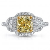 18k White and Yellow Gold Cushion Fancy Yellow Three Stone Halo Diamond Engagement Ring