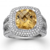 14k White Gold Citrine Pave Diamond Ring