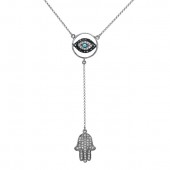 14k White Gold Hamsa and Evil Eye Diamond Necklace