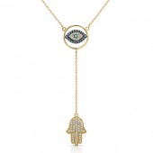 14k Yellow Gold Hamsa and Evil Eye Diamond Necklace