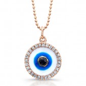 14k Rose Gold Enamel Evil Eye Pendant with Black Diamond Center