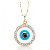14k Yellow Gold Enamel Evil Eye Pendant with Black Diamond Center