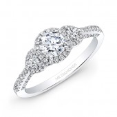 14k White Gold White Diamond Halo Round Diamond Side Stone Engagement Ring