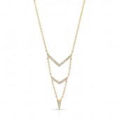 14k Yellow Gold White Diamond Three V Necklace 