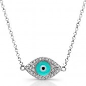 14k White Gold Diamond Light Blue Enamel Evil Eye Chain Necklace