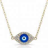 14k Yellow Gold Diamond Dark Blue Enamel Evil Eye Chain Necklace