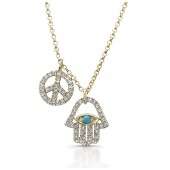 14k Yellow Gold Diamond Turquoise Hamsa Peace Necklace