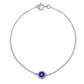 14k Rose Gold Diamond Dark Blue Enamel Evil Eye Chain Bracelet