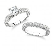14k White Gold Pave and Channel Engraved Bridal Set