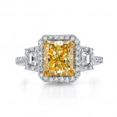 18k White and Yellow Gold Radiant Fancy Yellow Three Stone Diamond Engagement Ring
