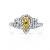 18k White and Yellow Gold Pear Shaped Fancy Yellow Diamond Three Stone Engagement Ring